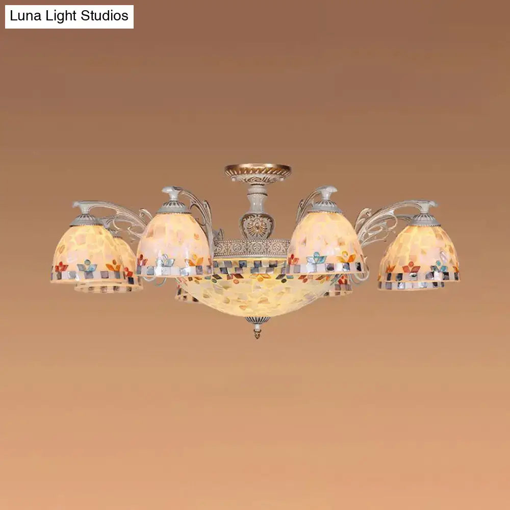 Decorbites vintage bowl hanging chandelier with five warm floral mosaic shades on silver frame for living room 220v-240v 110v-120v