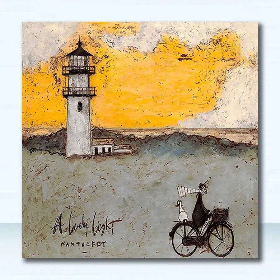Decorbites™ vintage nordic abstract landscape canvas art featuring a white lighthouse and cyclist against an orange sky