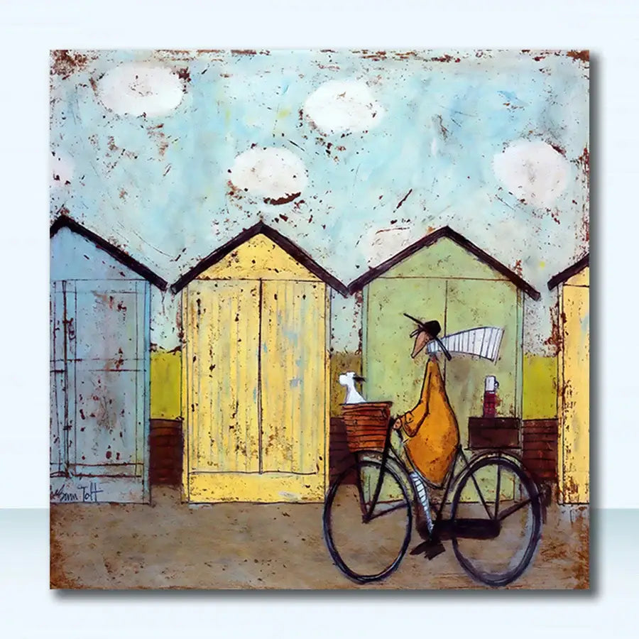 Decorbites vintage nordic abstract landscape canvas art featuring a cyclist in orange by colorful beach huts