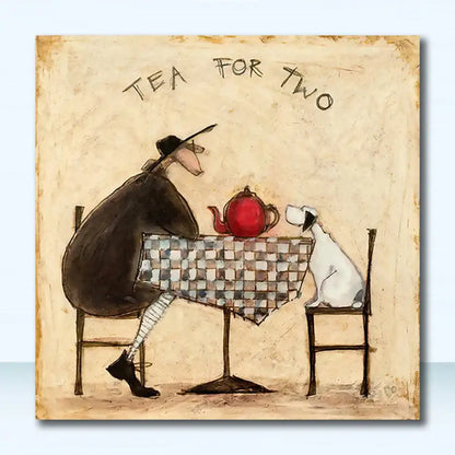 A whimsical red ceramic teapot on a checkered tablecloth complements vintage nordic abstract landscape dog canvas art