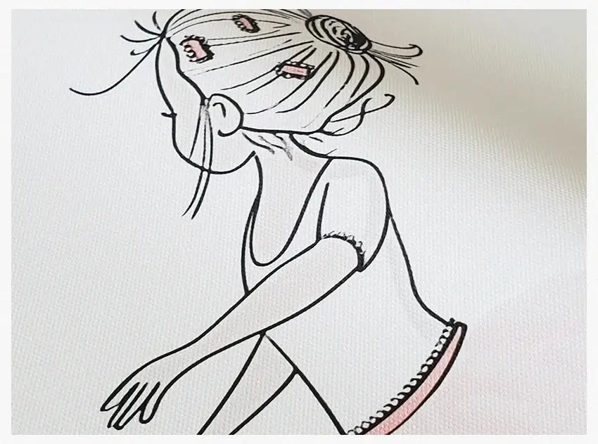 A whimsical black and white line drawing of a girl with pink hair clips featured in decorbites™ vintage nordic abstract landscape canvas art
