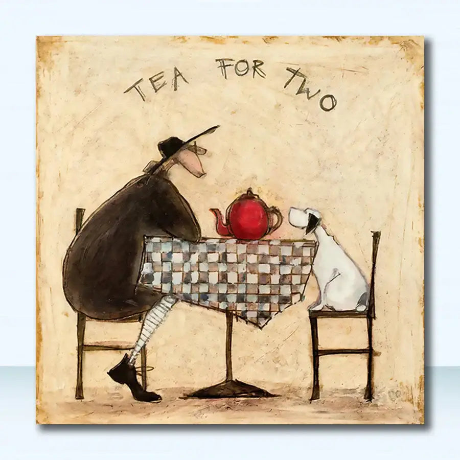 A whimsical red ceramic teapot on a checkered tablecloth complements the nordic abstract landscape dog canvas art from decorbites