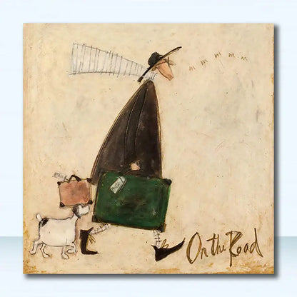 A whimsical DecorBites™ canvas art featuring a nordic abstract landscape with a traveler and dog pulling suitcases
