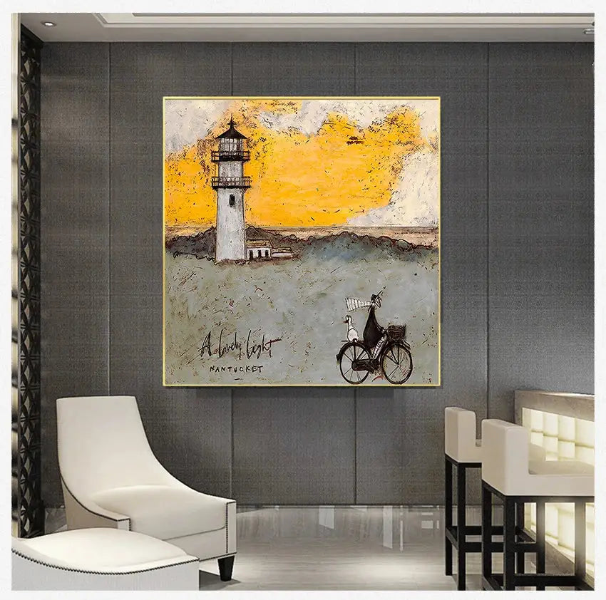 A framed DecorBites™ vintage nordic abstract landscape canvas art featuring a white lighthouse with a yellow sky
