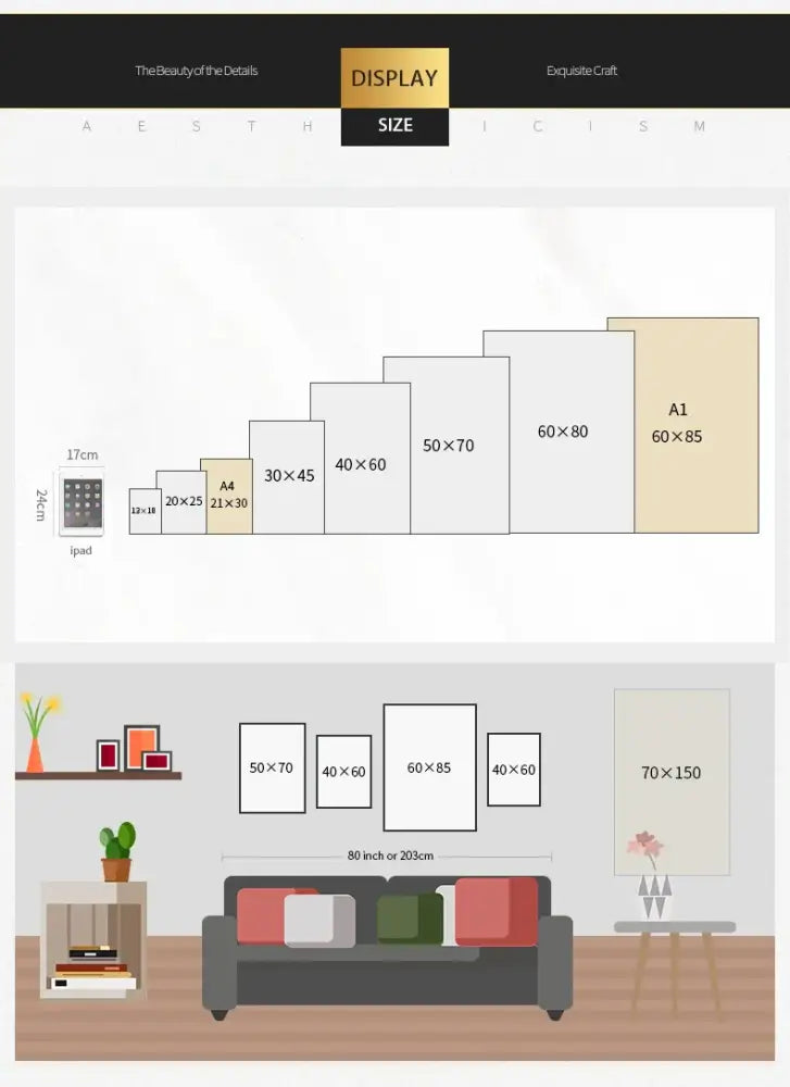 A sleek minimalist display of framed vintage nordic abstract landscape dog canvas art in various sizes on a modern wall