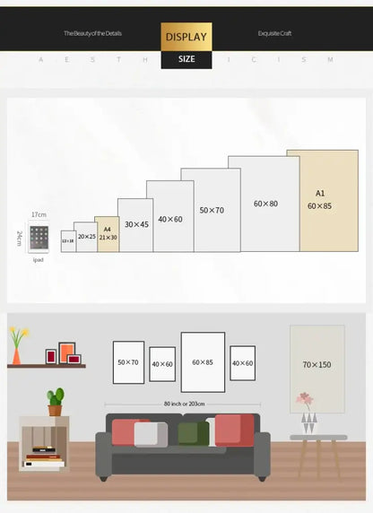 A sleek minimalist display of decorbites™ vintage nordic abstract landscape dog canvas art in various sizes on a living room wall