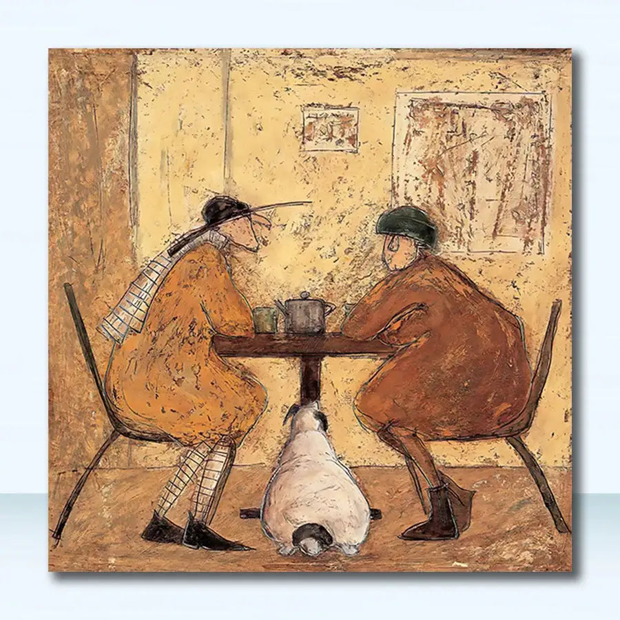 Warm-toned textured canvas painting of two figures and a dog at a table in a vintage nordic abstract landscape style