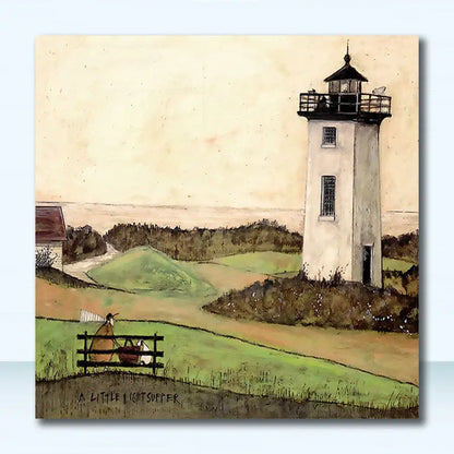 Decorbites™ vintage nordic abstract landscape dog canvas art featuring a white lighthouse with black trim against beige sky