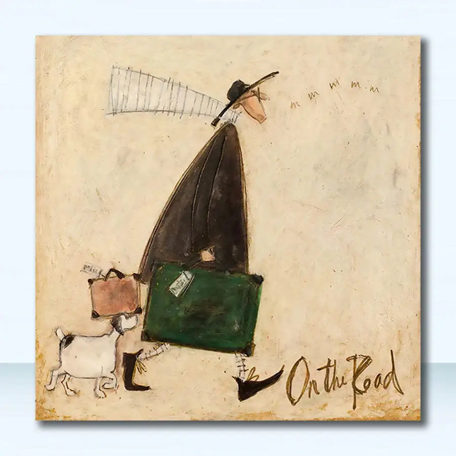 Decorbites vintage nordic abstract wall art featuring a traveler in black coat with green and brown suitcases and dog