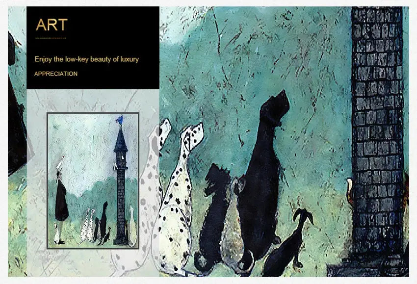 Textured teal canvas wall art featuring stylized black and white dalmatians in mixed-media vintage nordic style
