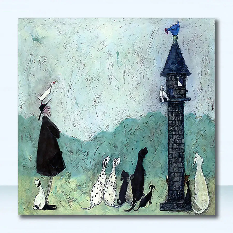 Whimsical vintage nordic canvas wall art featuring a man with dogs and a dark tower for decorbites canvas wall decor