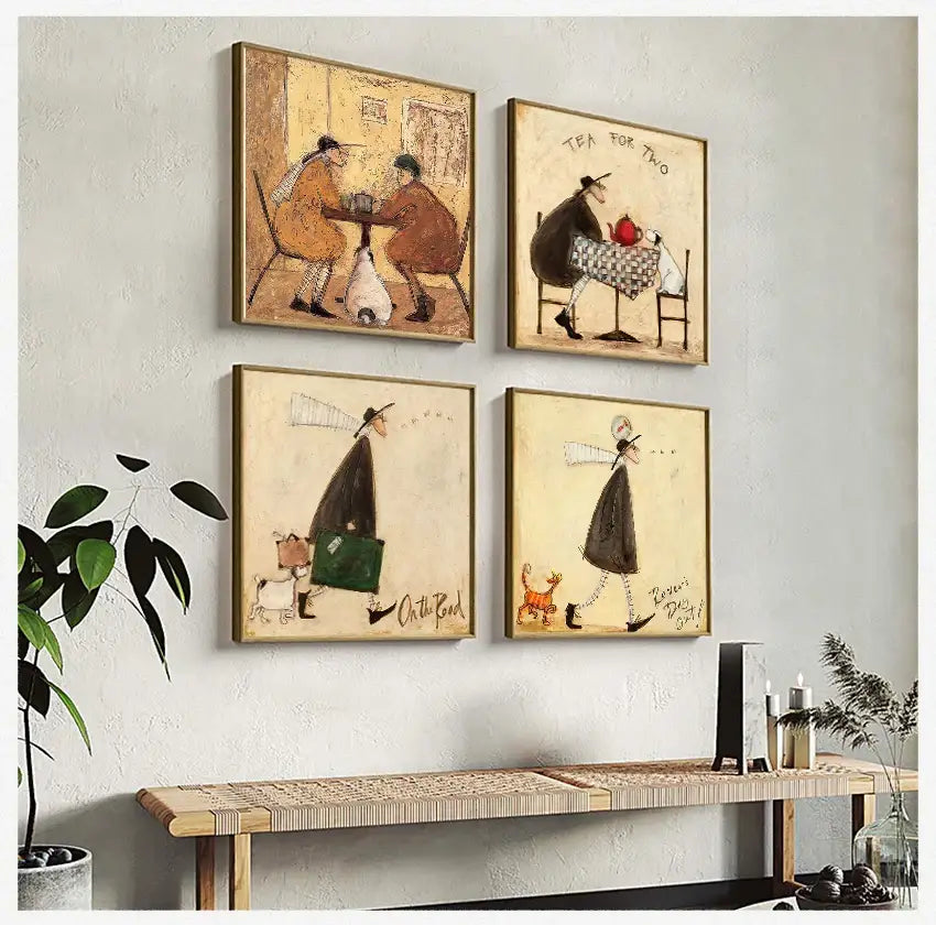 Four framed whimsical vintage nordic love dogs canvas wall art featuring cozy stylized scenes for charming decor