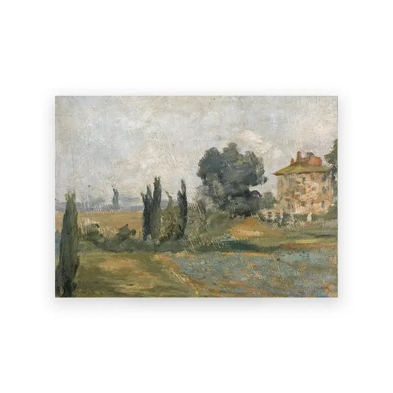 Decorbites™ vintage oil painting canvas poster of rustic stone house with reddish brown roof among cypress trees