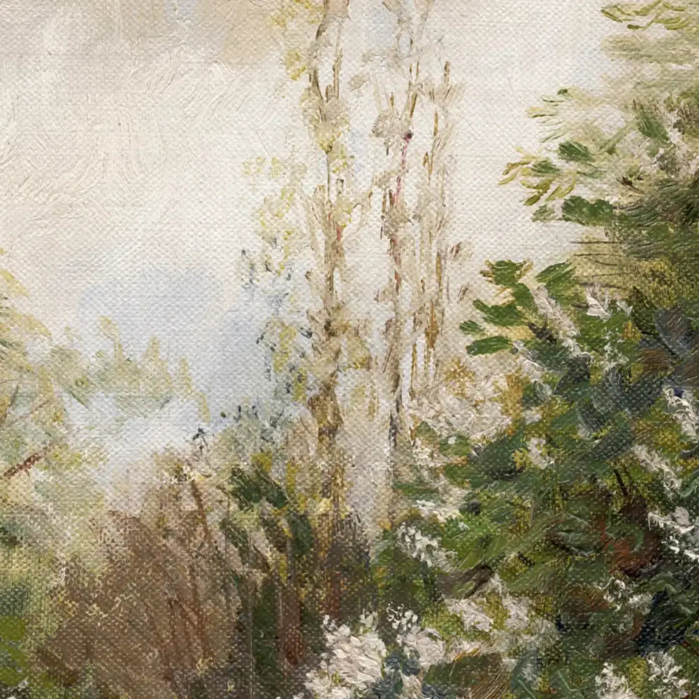 DecorBites vintage oil painting canvas poster featuring slender pale trees with green foliage against a light sky