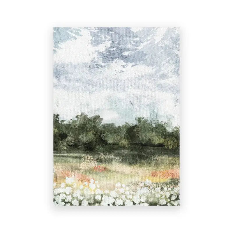 DecorBites vintage oil painting canvas poster of a summer landscape with white and pink flowers under gray sky