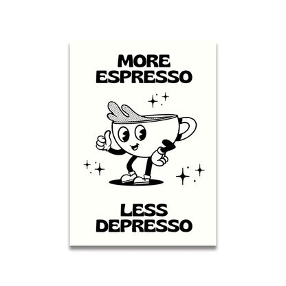 Decorbites vintage pink cartoon print canvas poster featuring a black-and-white cartoon espresso cup giving a thumbs-up