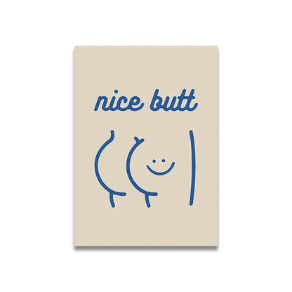 Beige canvas print featuring a minimalist blue line vintage pink cartoon of smiling buttocks with text nice butt