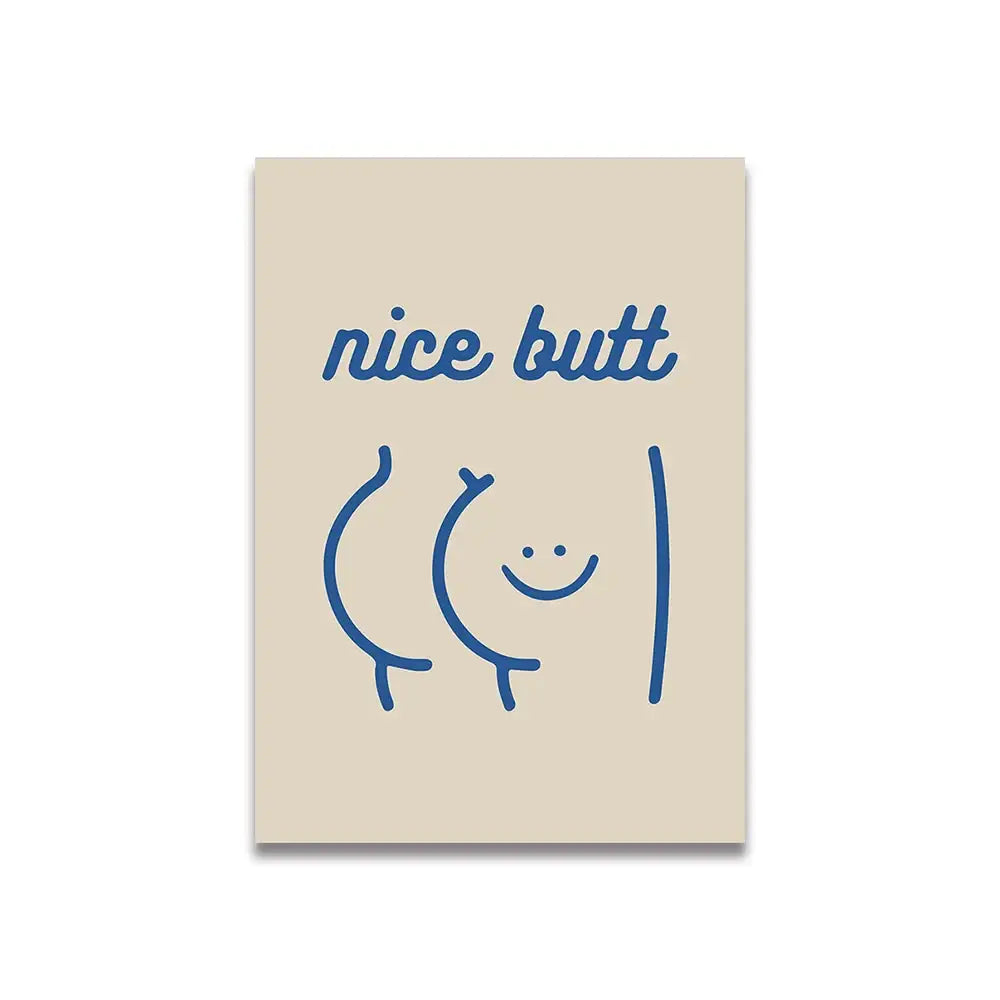 Beige canvas print featuring a minimalist blue line drawing and vintage pink cartoon print text nice butt wall art