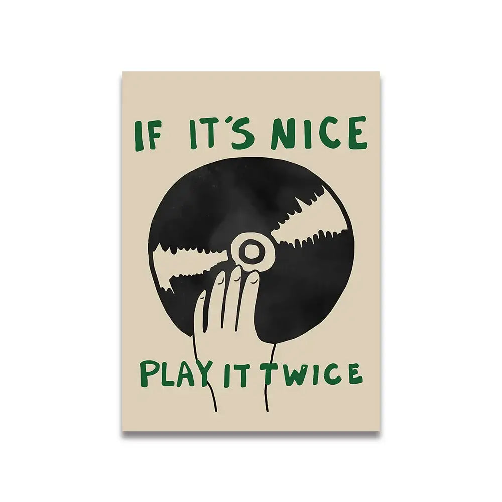Beige vintage pink cartoon print canvas wall art of a vinyl record with hands and green text DecorBites™ decor