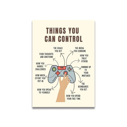 Beige motivational poster featuring a stylized gray and red gaming controller with arrows in a pink cartoon print decorbites canvas wall art