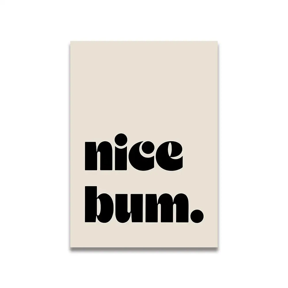 Beige rectangular canvas print featuring bold black text nice bum from decorbites vintage pink cartoon print wall art