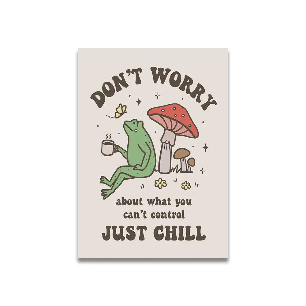 Beige rectangular canvas print featuring vintage pink cartoon print of a green frog beside mushrooms with chill text