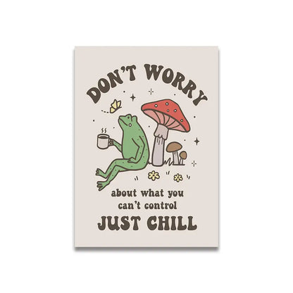Beige rectangular canvas print with a pink cartoon print of a green frog and mushrooms with chill text wall art