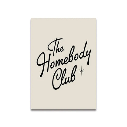 Beige rectangular canvas wall art with black cursive the homebody club script and star accent from decorbites vintage pink cartoon print