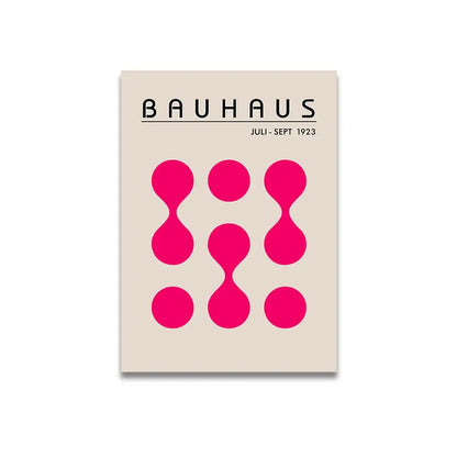Beige bauhaus magazine cover with bold pink cartoon print abstract shapes and black typography on canvas wall art