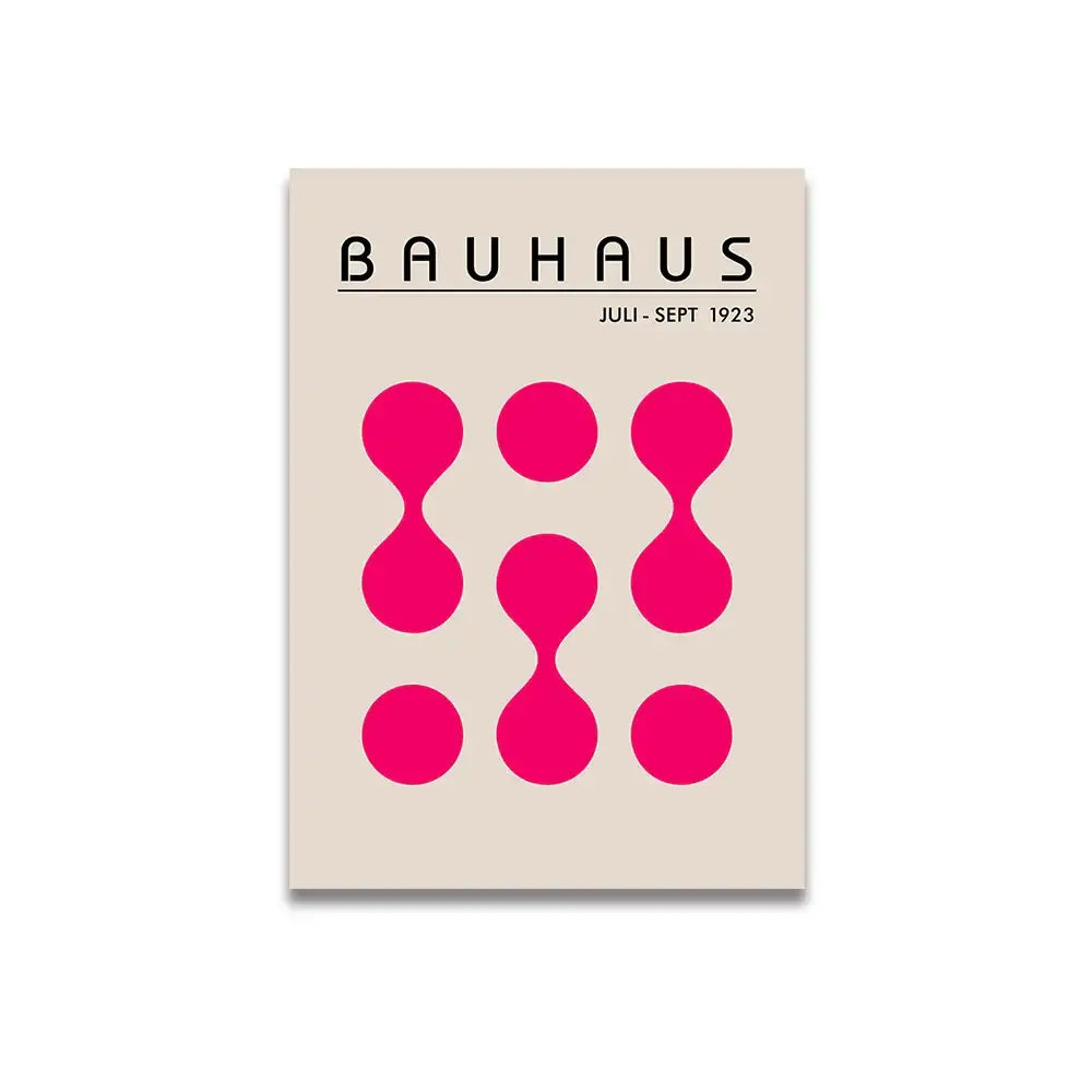 Beige bauhaus magazine cover canvas wall art with bold pink cartoon print abstract shapes and black typography decorbites