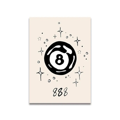 Beige canvas wall art by decorbites featuring a bold black eight-ball illustration with stars and number 888 in pink cartoon print style