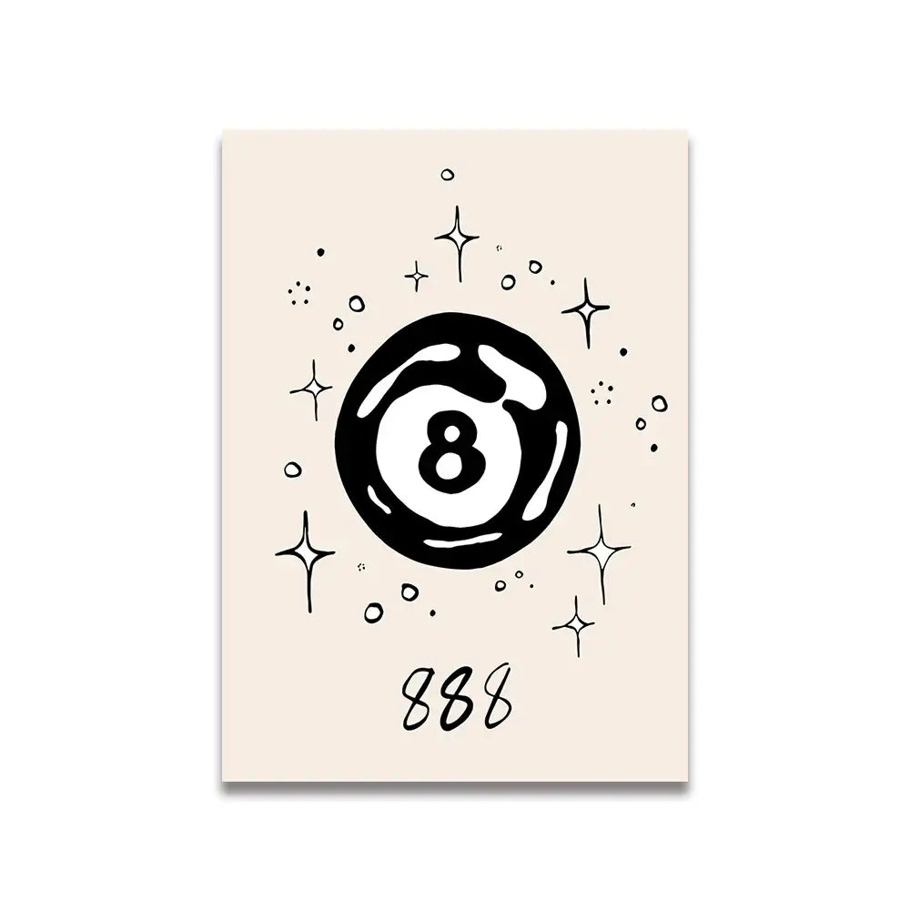 Beige canvas wall art featuring a bold black hand-drawn eight-ball and 888 number in a pink cartoon print style