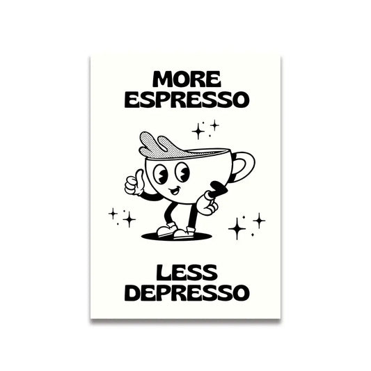 Decorbites vintage pink cartoon print canvas wall art featuring a black-and-white cartoon espresso cup giving thumbs-up