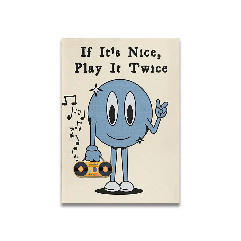 Decorbites vintage pink cartoon print canvas wall art featuring a blue cartoon character holding a yellow boombox on beige background