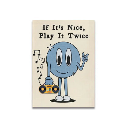 Decorbites™ vintage pink cartoon print canvas wall art featuring a blue cartoon character with yellow boombox on beige background