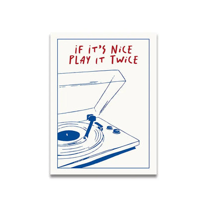 Decorbites vintage pink cartoon print canvas wall art featuring a blue line-art record player and red text design
