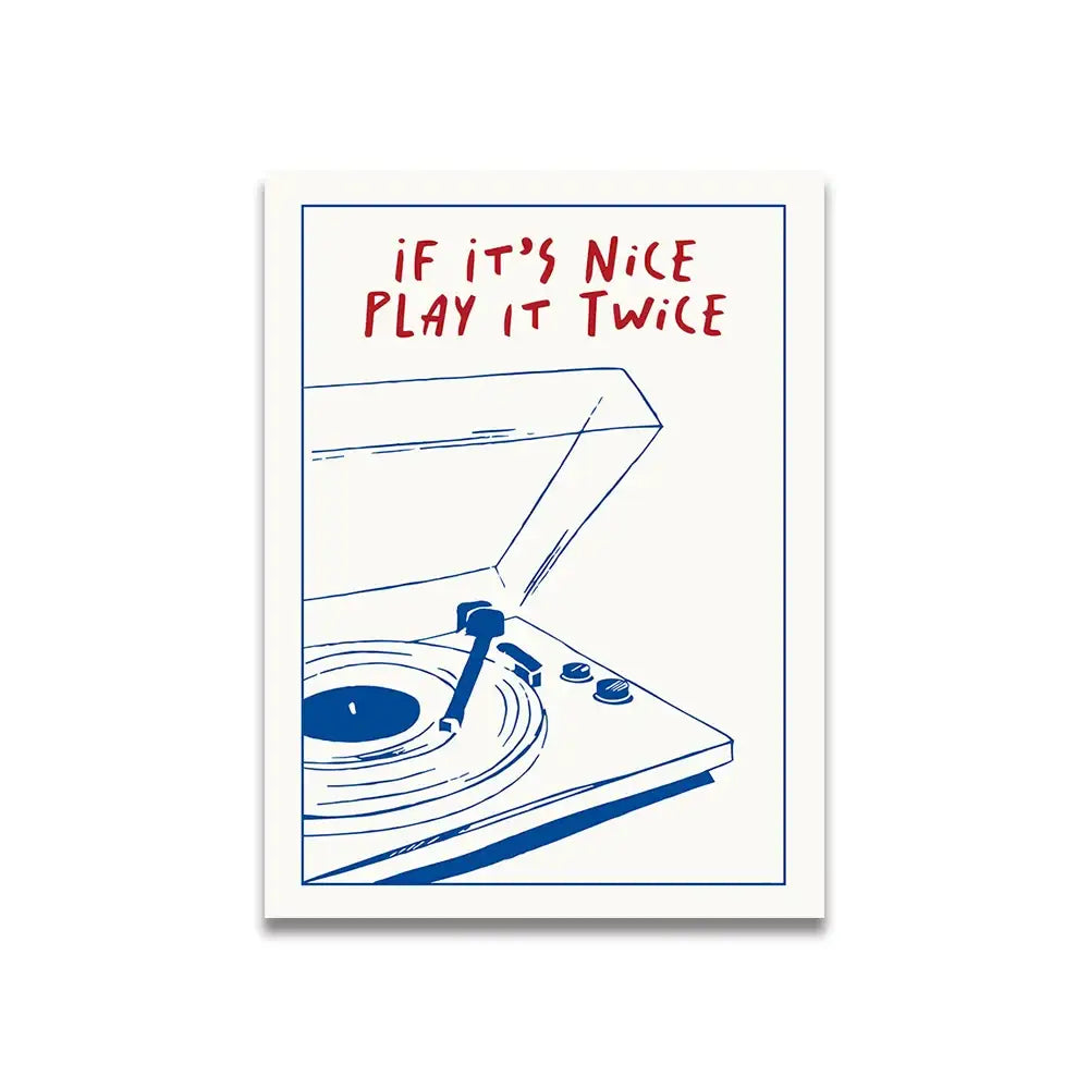 Decorbites™ vintage pink cartoon print canvas wall art featuring blue line-art record player with red text play twice