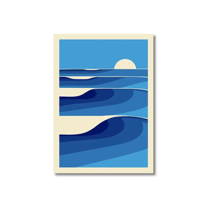 DecorBites™ vintage pink cartoon print canvas wall art featuring blue ocean wave and stylized sun with cream border