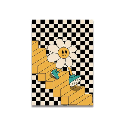 A cheerful cartoon daisy walking up golden stairs on a black and white background pink cartoon print canvas wall art