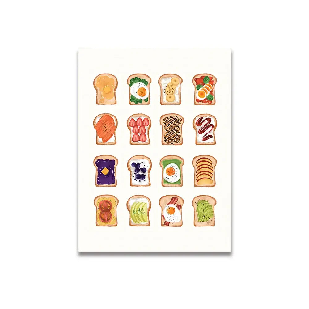 Decorbites™ vintage pink cartoon print canvas wall art featuring sixteen colorful toast illustrations on white background