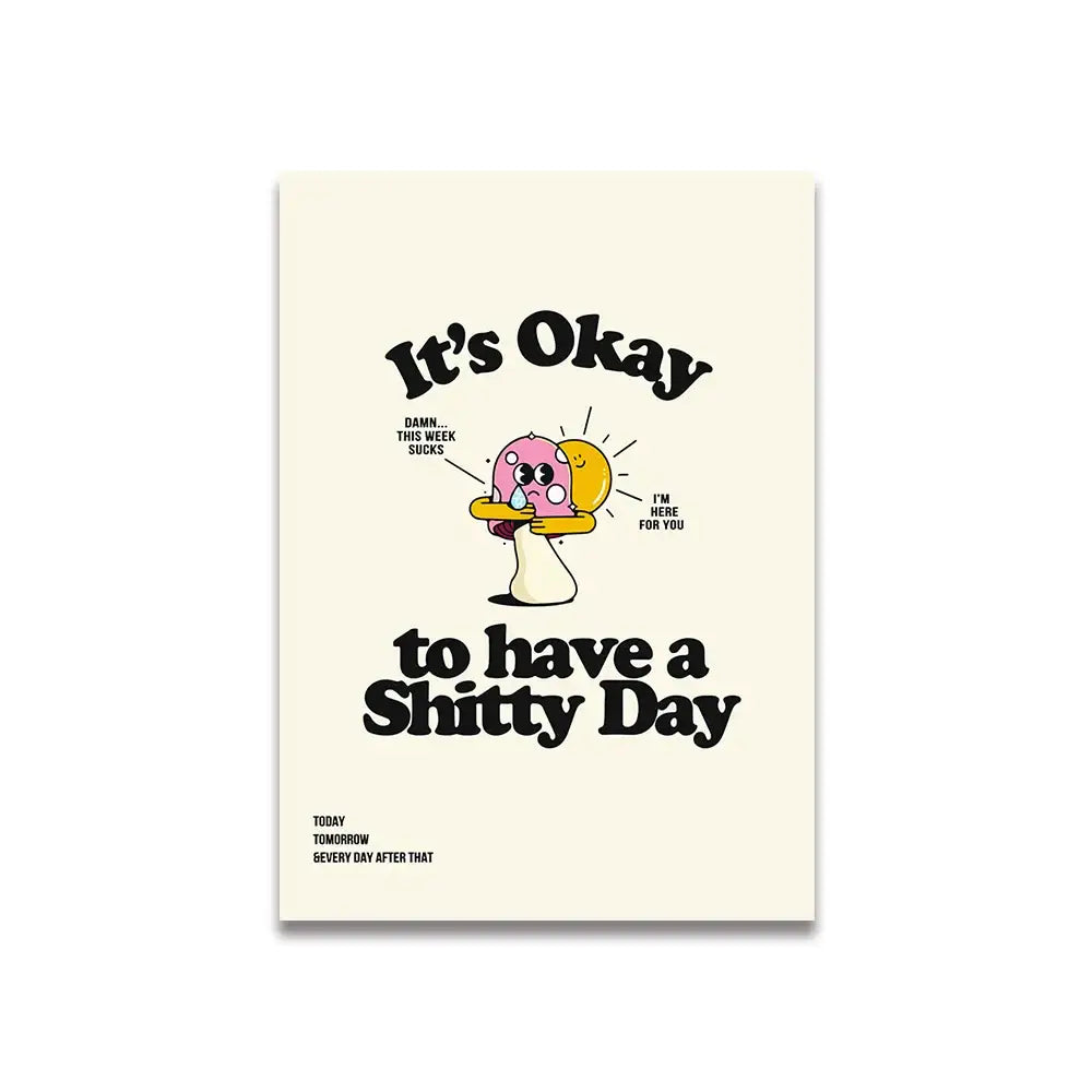 Cream-colored vintage pink cartoon print canvas wall art by DecorBites featuring a pink cartoon mushroom with motivational text