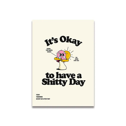 Cream-colored decorbites™ vintage pink cartoon print canvas wall art featuring a pink cartoon mushroom with motivational text