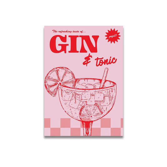 Pink poster featuring a red line-art gin and tonic illustration in a margarita glass by DecorBites vintage pink cartoon print canvas wall art