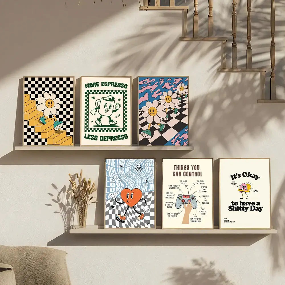 Set of six vintage pink cartoon print framed posters with playful designs on floating shelves for wall decoration