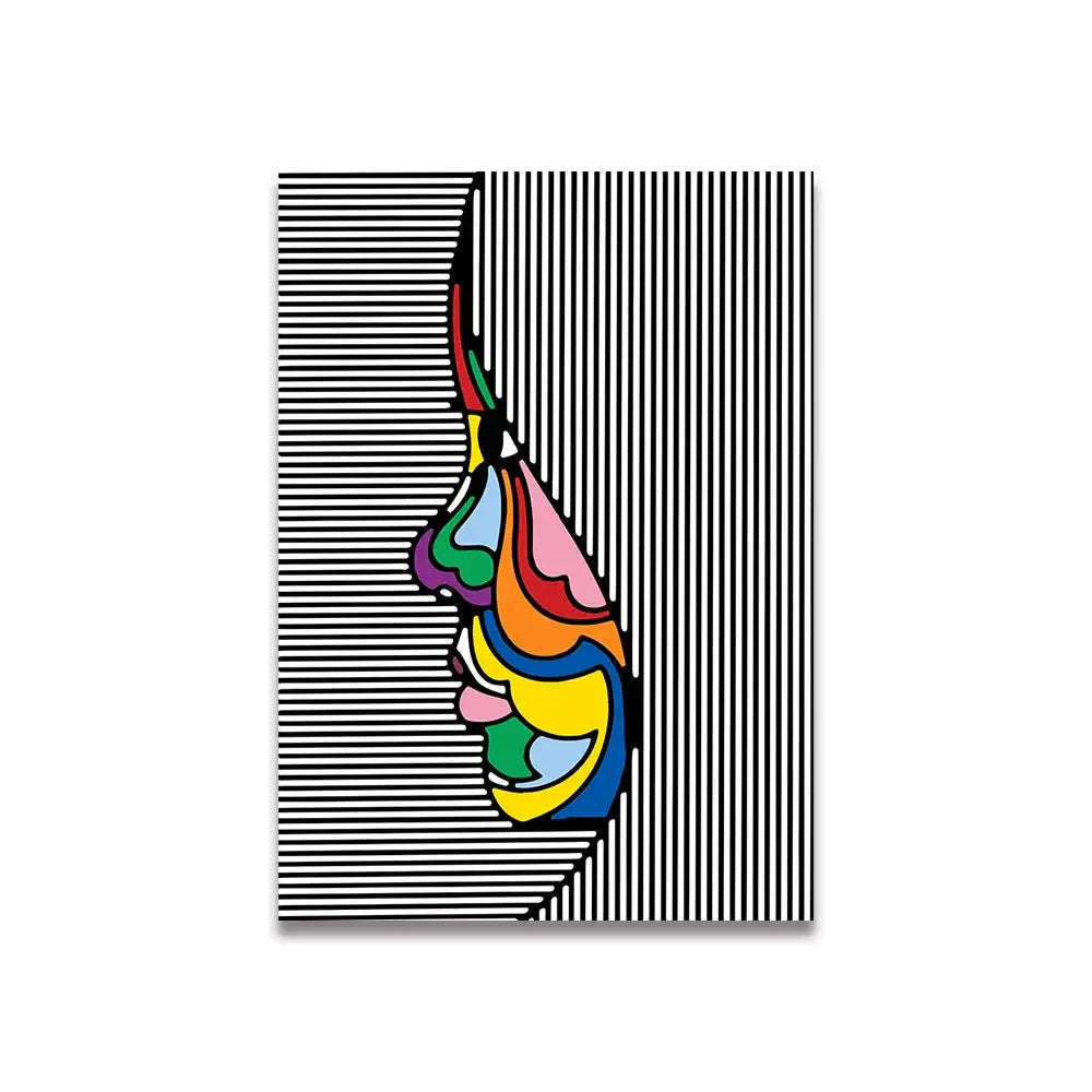 Decorbites™ vintage pink cartoon print canvas wall art featuring a vibrant rainbow profile on black and white stripes