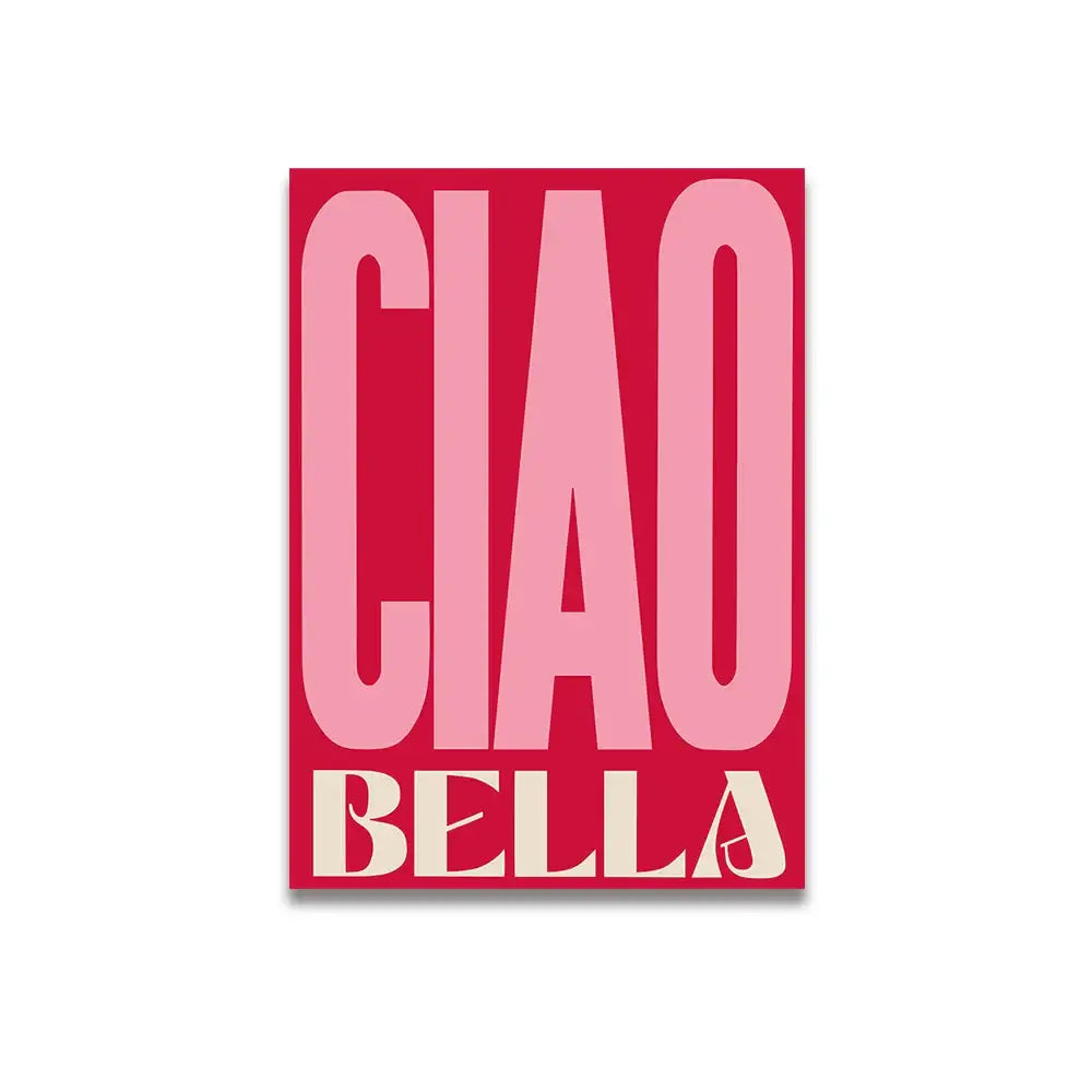 A vibrant red rectangular canvas wall art featuring bold gradient pink cartoon print text in modern sans-serif typography