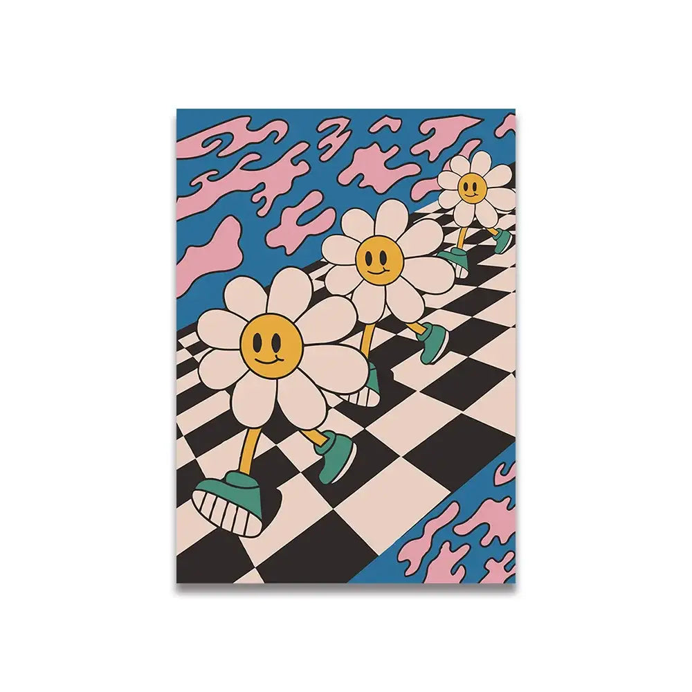 Decorbites vintage pink cartoon print canvas wall art featuring vibrant daisies on a checkered floor background