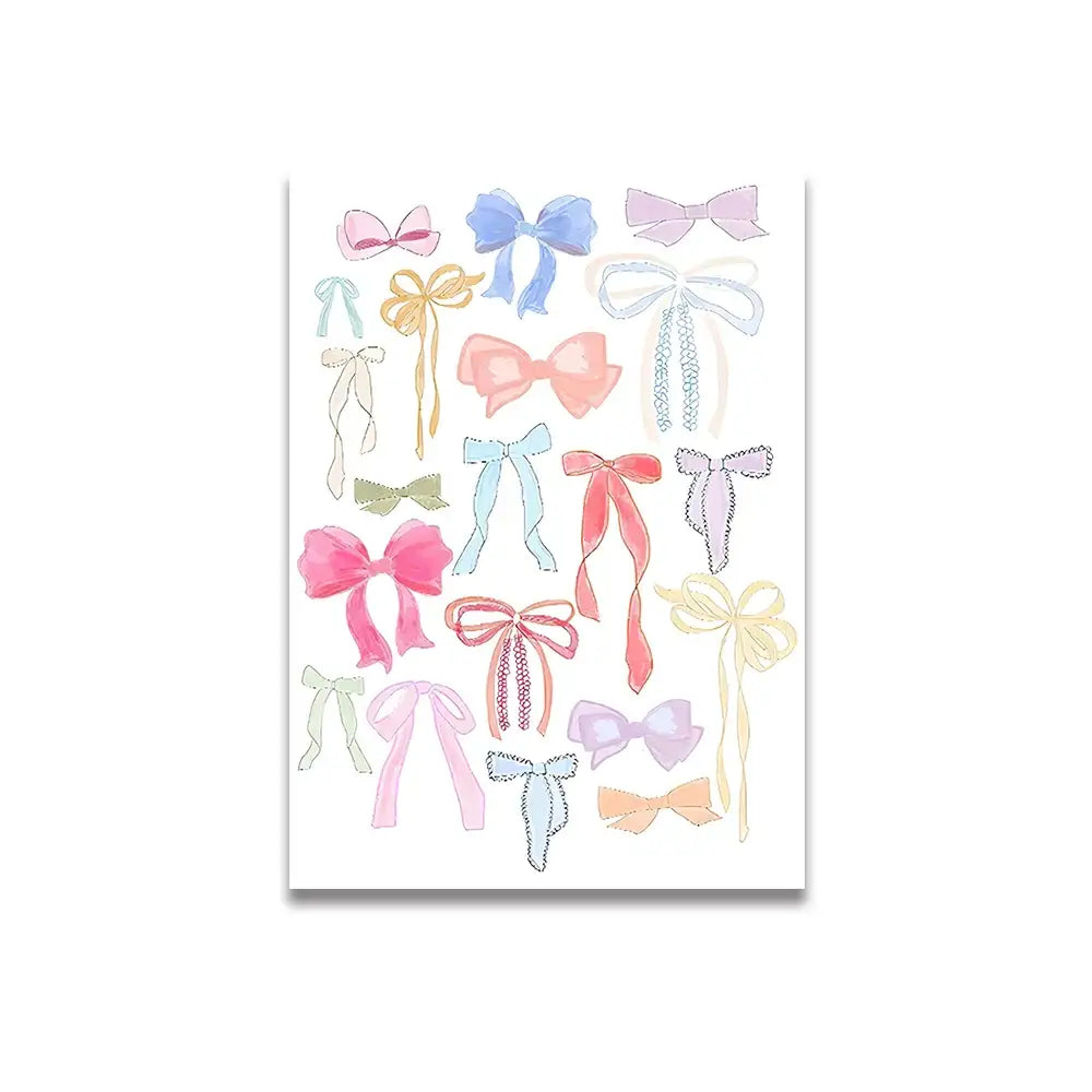 A charming DecorBites™ vintage pink cartoon print canvas wall art featuring delicate pastel bows in soft pink and blue tones