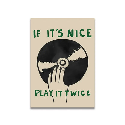 Beige rectangular canvas wall art featuring a stylized black vinyl record with green text from decorbites™ pink cartoon print