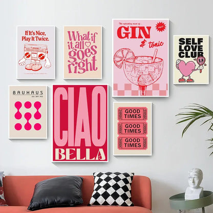 A collection of six framed decorbites™ vintage pink cartoon print wall art canvases with bold typography and graphics